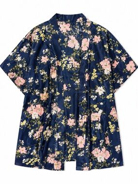 Navy Floral Satin Kimono Cardigan, Kimono Cover Up